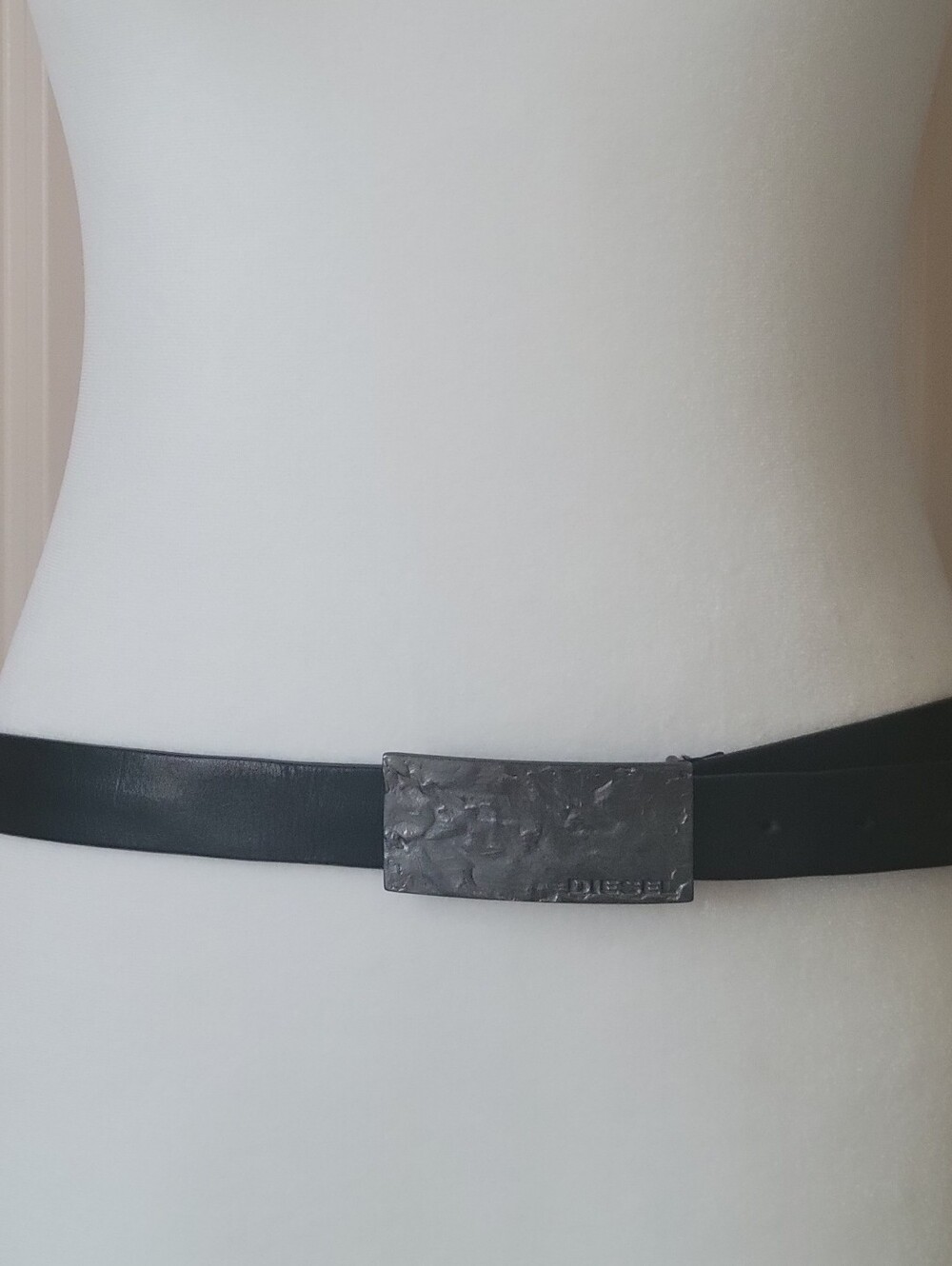 Diesel Black Leather Belt with Hammered Gunmetal Buckle